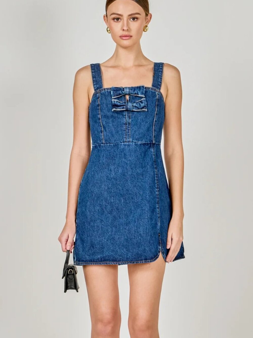 Nwt Endless Rose Bow Trim Denim Mini Dress Sz M Sleeveless Sidezip Coquette $140